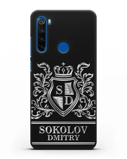 Именной чехол с гербом, инициалами и фамилией с серебряным рисунком силиконовый для Xiaomi Redmi Note 8