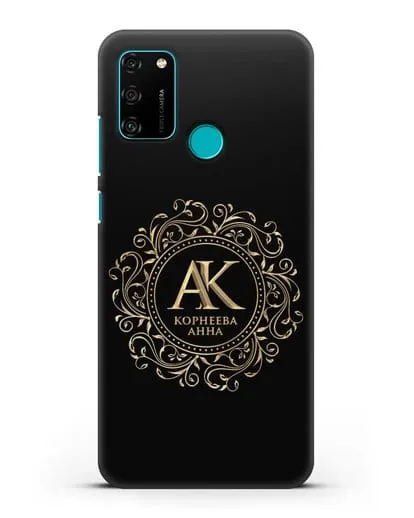 Чехол с монограммой, именем и фамилией с золотым рисунком силиконовый для Honor 9A