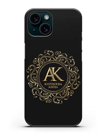 Чехол с монограммой, именем и фамилией с золотым рисунком силиконовый для iPhone 15