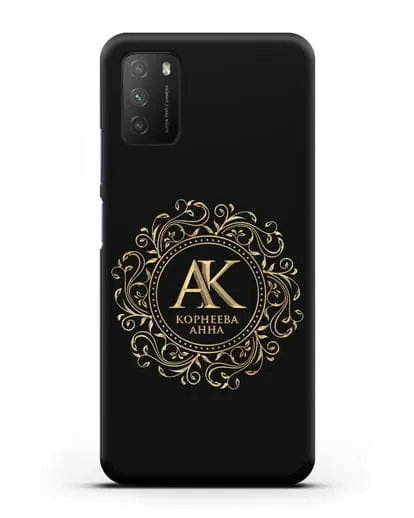 Чехол с монограммой, именем и фамилией с золотым рисунком силиконовый для Xiaomi Poco M3