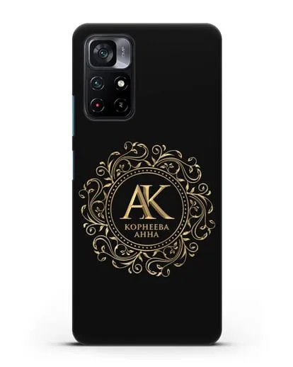 Чехол с монограммой, именем и фамилией с золотым рисунком силиконовый для Xiaomi Poco M4 Pro 5G