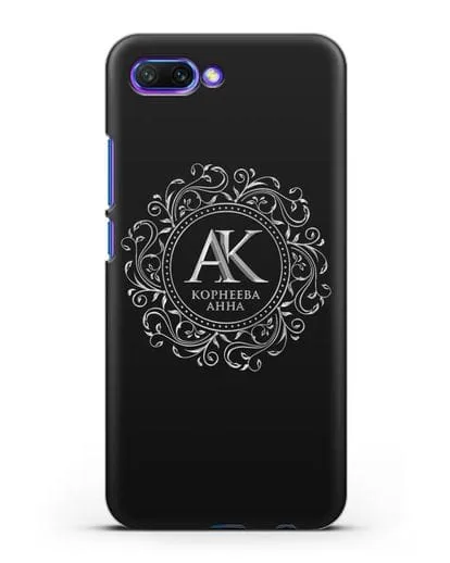 Чехол с монограммой, именем и фамилией с серебряным рисунком силиконовый для Honor 10