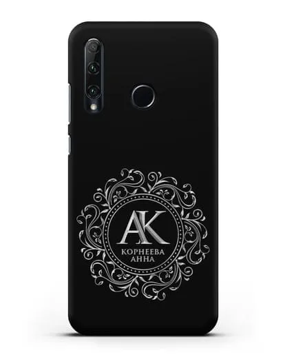 Чехол с монограммой, именем и фамилией с серебряным рисунком силиконовый для Honor 20e