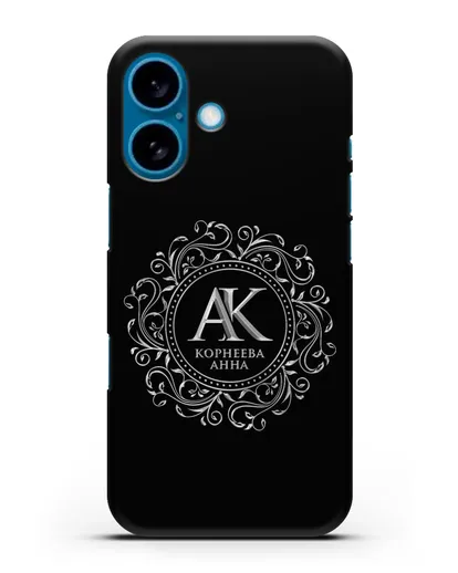 Чехол с монограммой, именем и фамилией с серебряным рисунком силиконовый для iPhone 16