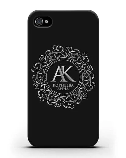 Чехол с монограммой, именем и фамилией с серебряным рисунком силиконовый для iPhone 4/4s