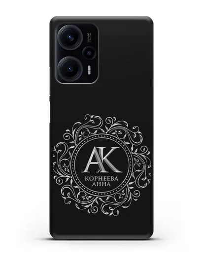 Чехол с монограммой, именем и фамилией с серебряным рисунком силиконовый для Xiaomi Poco F5