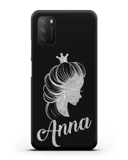 Именной чехол Принцесса с короной с серебряным рисунком силиконовый для Xiaomi Poco M3