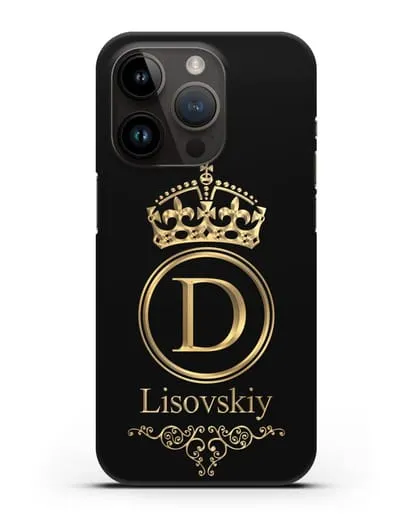 Именной чехол с монограммой, короной и вензелями с золотым рисунком силиконовый для iPhone 14 Pro