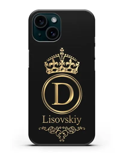 Именной чехол с монограммой, короной и вензелями с золотым рисунком силиконовый для iPhone 15