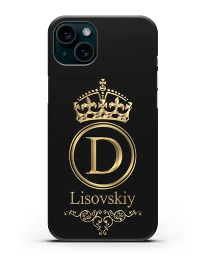 Именной чехол с монограммой, короной и вензелями с золотым рисунком силиконовый для iPhone 15 Plus