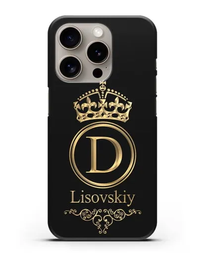 Именной чехол с монограммой, короной и вензелями с золотым рисунком силиконовый для iPhone 15 Pro