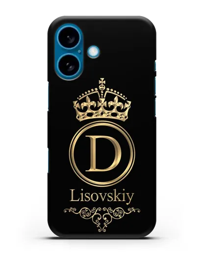 Именной чехол с монограммой, короной и вензелями с золотым рисунком силиконовый для iPhone 16