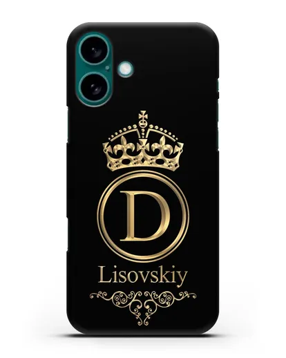 Именной чехол с монограммой, короной и вензелями с золотым рисунком силиконовый для iPhone 16 Plus
