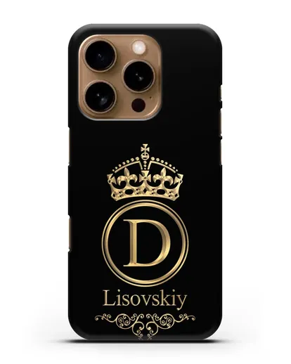 Именной чехол с монограммой, короной и вензелями с золотым рисунком силиконовый для iPhone 16 Pro