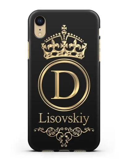Именной чехол с монограммой, короной и вензелями с золотым рисунком силиконовый для iPhone XR