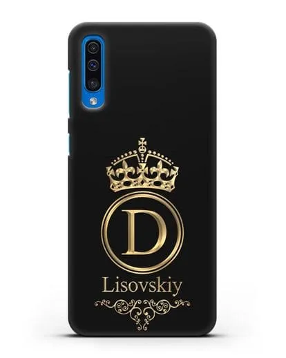 Именной чехол с монограммой, короной и вензелями с золотым рисунком силиконовый для Samsung Galaxy A50