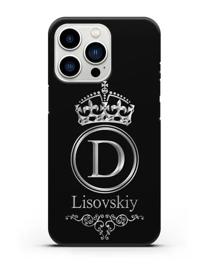 Именной чехол с монограммой, короной и вензелями с серебряным рисунком силиконовый для iPhone 13 Pro