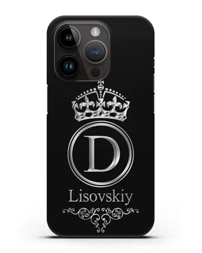 Именной чехол с монограммой, короной и вензелями с серебряным рисунком силиконовый для iPhone 14 Pro