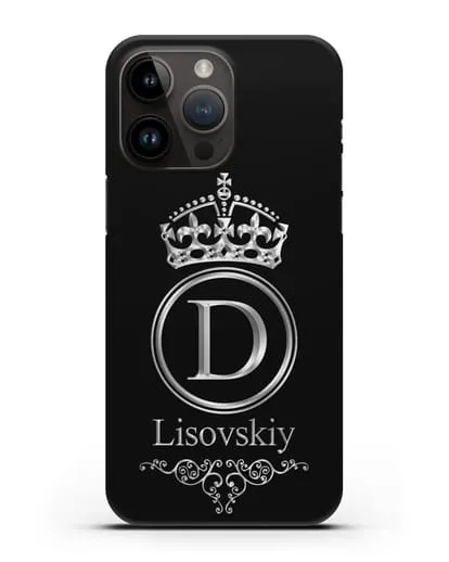 Именной чехол с монограммой, короной и вензелями с серебряным рисунком силиконовый для iPhone 14 Pro Max