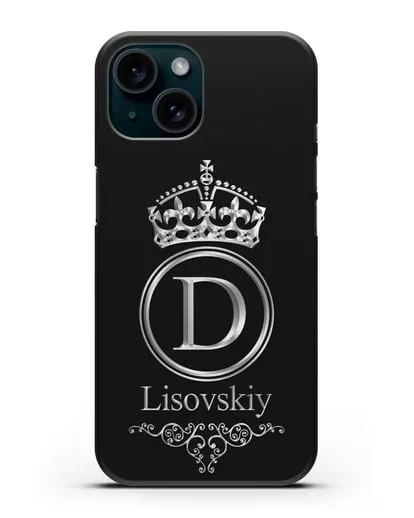 Именной чехол с монограммой, короной и вензелями с серебряным рисунком силиконовый для iPhone 15