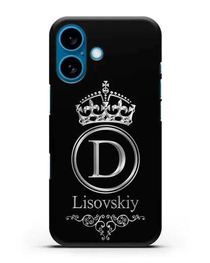 Именной чехол с монограммой, короной и вензелями с серебряным рисунком силиконовый для iPhone 16
