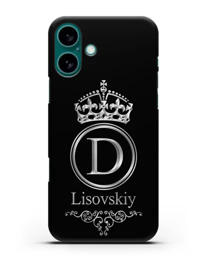 Именной чехол с монограммой, короной и вензелями с серебряным рисунком силиконовый для iPhone 16 Plus