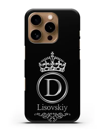 Именной чехол с монограммой, короной и вензелями с серебряным рисунком силиконовый для iPhone 16 Pro