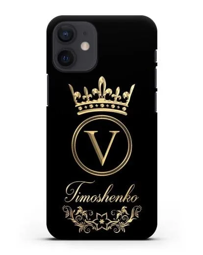 Чехол с фамилией и монограммой, короной и вензелями с золотым рисунком силиконовый для iPhone 12 mini