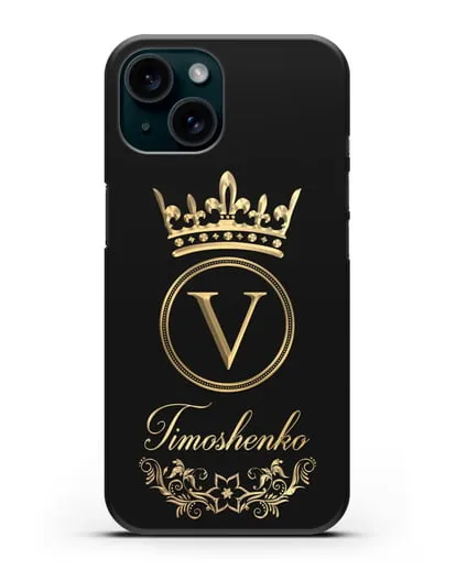 Чехол с фамилией и монограммой, короной и вензелями с золотым рисунком силиконовый для iPhone 15