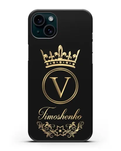 Чехол с фамилией и монограммой, короной и вензелями с золотым рисунком силиконовый для iPhone 15 Plus