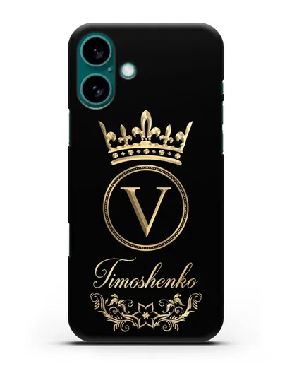 Чехол с фамилией и монограммой, короной и вензелями с золотым рисунком силиконовый для iPhone 16 Plus