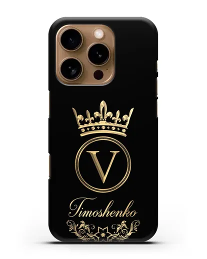 Чехол с фамилией и монограммой, короной и вензелями с золотым рисунком силиконовый для iPhone 16 Pro