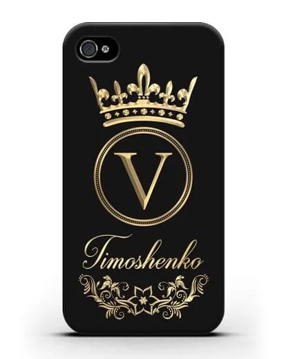 Чехол с фамилией и монограммой, короной и вензелями с золотым рисунком силиконовый для iPhone 4/4s