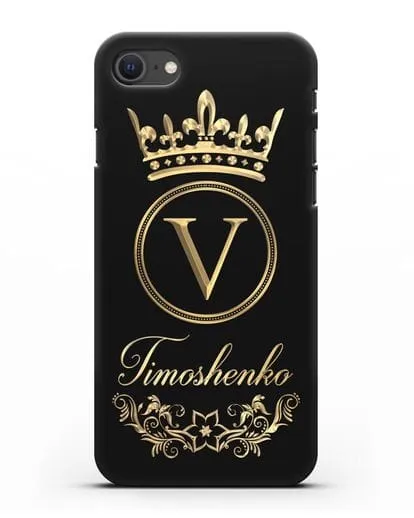 Чехол с фамилией и монограммой, короной и вензелями с золотым рисунком силиконовый для iPhone SE 2020