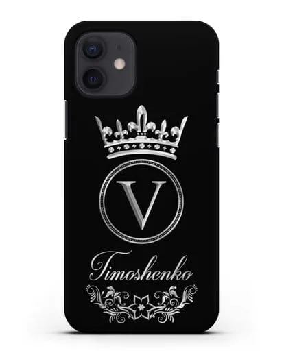 Чехол с фамилией и монограммой, короной и вензелями с серебряным рисунком силиконовый для iPhone 12