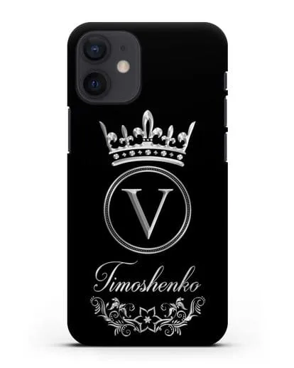 Чехол с фамилией и монограммой, короной и вензелями с серебряным рисунком силиконовый для iPhone 12 mini