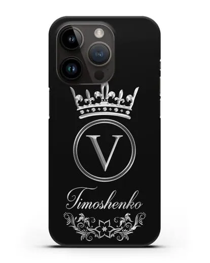 Чехол с фамилией и монограммой, короной и вензелями с серебряным рисунком силиконовый для iPhone 14 Pro