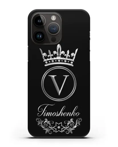 Чехол с фамилией и монограммой, короной и вензелями с серебряным рисунком силиконовый для iPhone 14 Pro Max