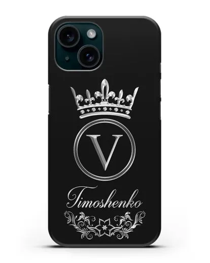 Чехол с фамилией и монограммой, короной и вензелями с серебряным рисунком силиконовый для iPhone 15