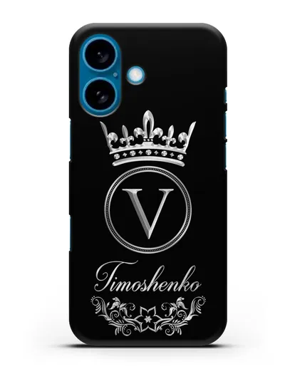 Чехол с фамилией и монограммой, короной и вензелями с серебряным рисунком силиконовый для iPhone 16