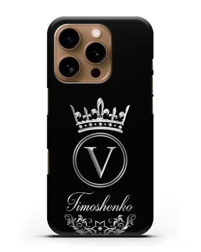 Чехол с фамилией и монограммой, короной и вензелями с серебряным рисунком силиконовый для iPhone 16 Pro