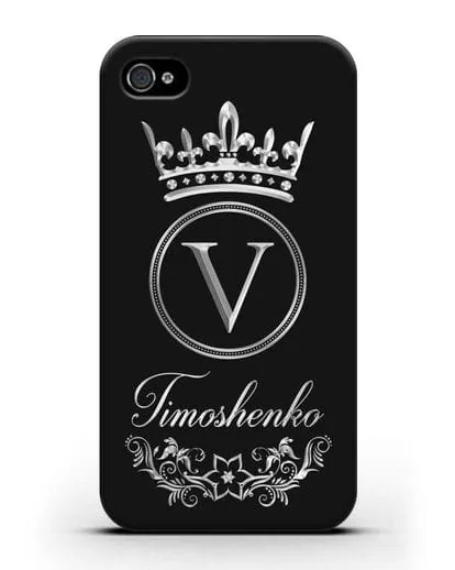 Чехол с фамилией и монограммой, короной и вензелями с серебряным рисунком силиконовый для iPhone 4/4s