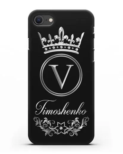 Чехол с фамилией и монограммой, короной и вензелями с серебряным рисунком силиконовый для iPhone SE 2020