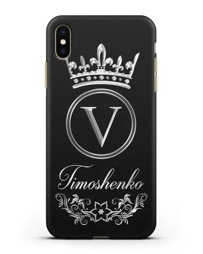 Чехол с фамилией и монограммой, короной и вензелями с серебряным рисунком силиконовый для iPhone XS Max