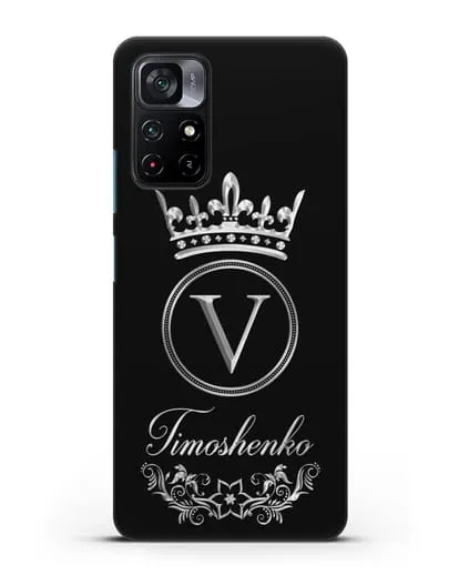 Чехол с фамилией и монограммой, короной и вензелями с серебряным рисунком силиконовый для Xiaomi Poco M4 Pro 5G