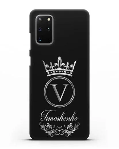 Чехол с фамилией и монограммой, короной и вензелями с серебряным рисунком силиконовый для Samsung Galaxy S20 Plus [SM-G985F]