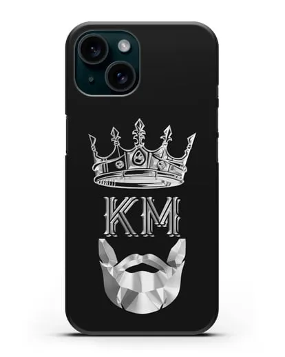 Чехол с короной и инициалами для мужчины с серебряным рисунком силиконовый для iPhone 15