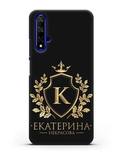 Именной чехол с геральдическим щитом и короной с золотым рисунком силиконовый для Honor 20