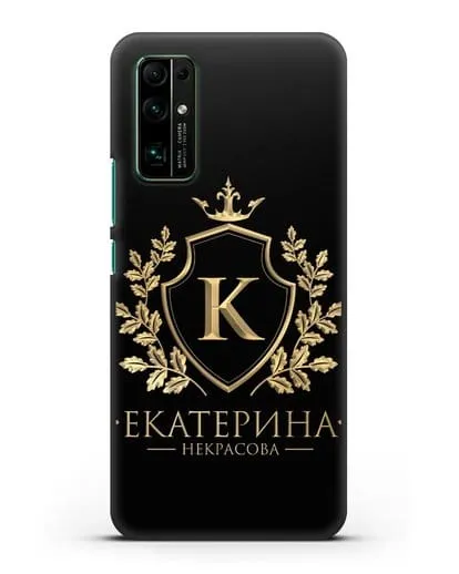 Именной чехол с геральдическим щитом и короной с золотым рисунком силиконовый для Honor 30