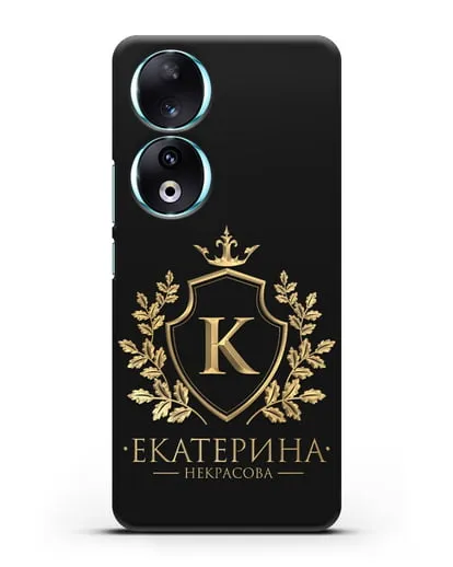 Именной чехол с геральдическим щитом и короной с золотым рисунком силиконовый для Honor 90
